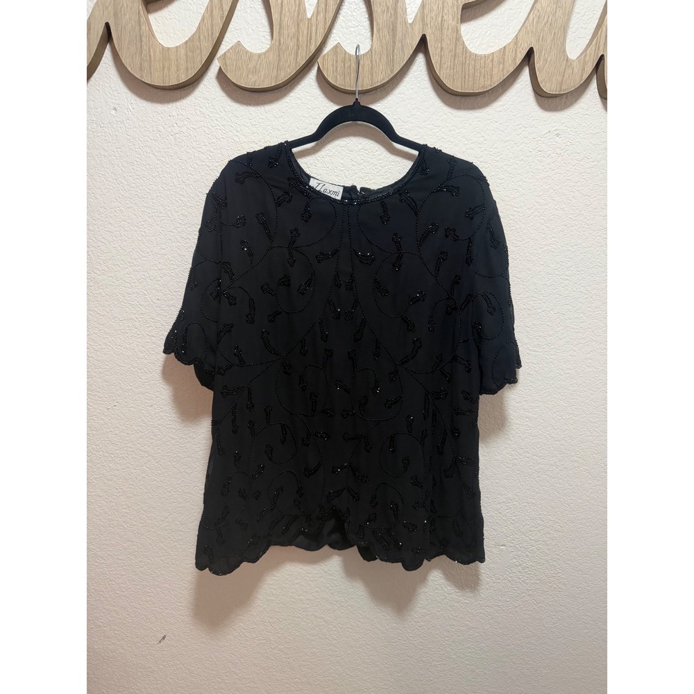 Laxmi New York Womens 2X Black Beaded Blouse  Scalloped Hem Evening Top